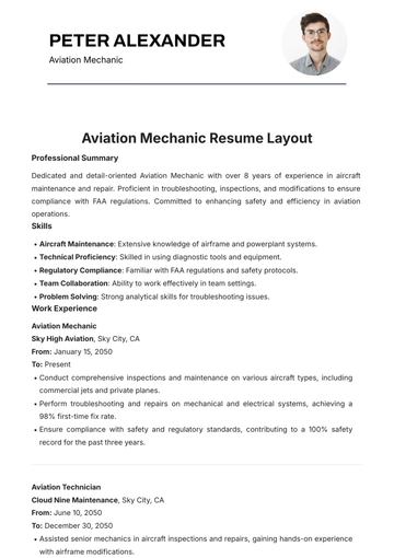 Free Aviation Mechanic Resume Layout Template to Edit Online