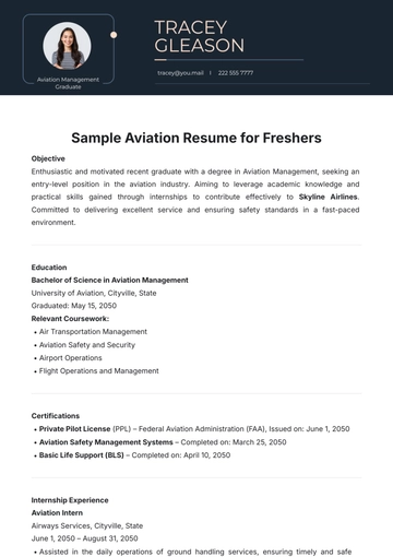 Free Sample Aviation Resume for Freshers Template to Edit Online
