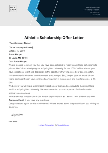 Free Athletic Scholarship Offer Letter Template to Edit Online