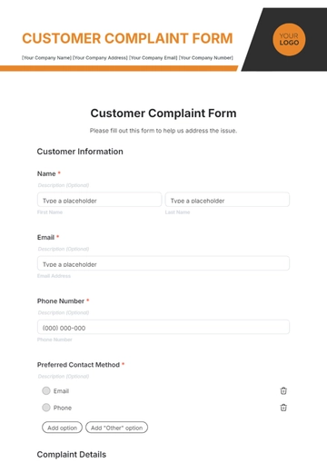 Free Customer Complaint Form Template to Edit Online