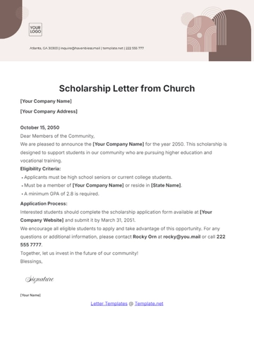 Free Scholarship Letter from Church Template to Edit Online