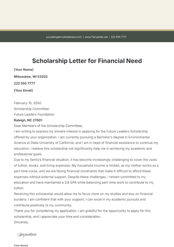 Free Scholarship Letter Template for Financial Need to Edit Online