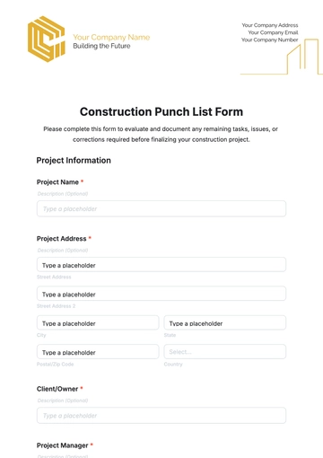 Free Construction Punch List Form Template to Edit Online