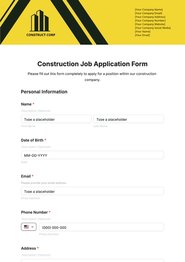 Free Construction Job Application Form Template to Edit Online