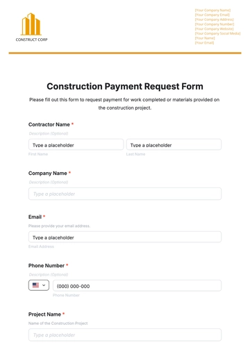 Free Construction Payment Request Form Template to Edit Online