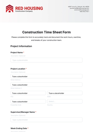 Free Construction Time Sheet Form Template to Edit Online