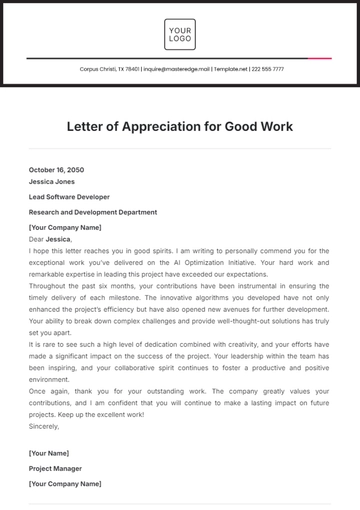 Free Letter of Appreciation for Good Work Template to Edit Online