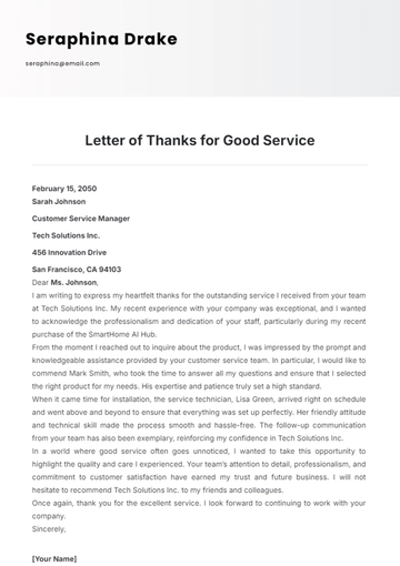 Free Letter of Thanks for Good Service Template to Edit Online