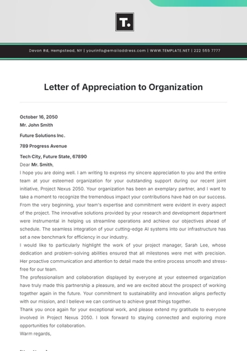 Free Letter of Appreciation to Organization Template to Edit Online