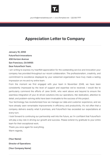 Free Appreciation Letter to Company Template to Edit Online