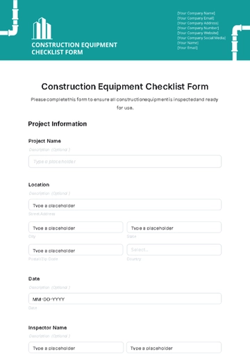 Free Construction Equipment Checklist Form Template to Edit Online