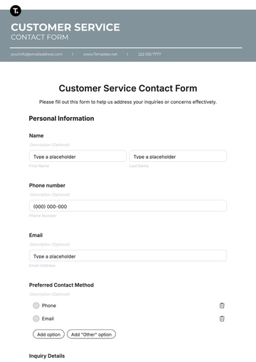 Free Customer Service Contact Form Template to Edit Online