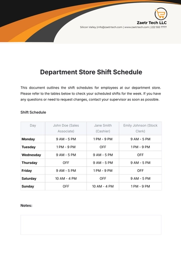 Free Department Store Shift Schedule Template to Edit Online