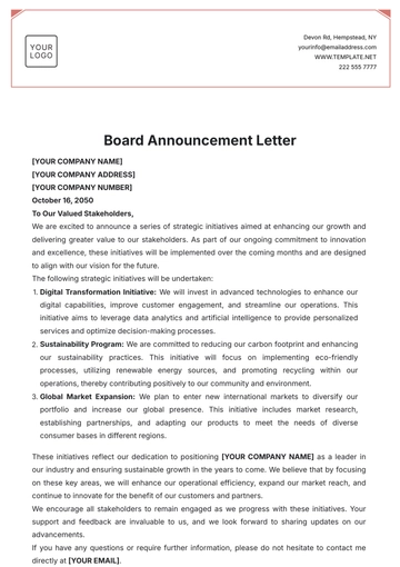 Free Board Announcement Letter Template to Edit Online