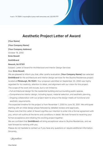 Free Aesthetic Project Letter of Award Template to Edit Online