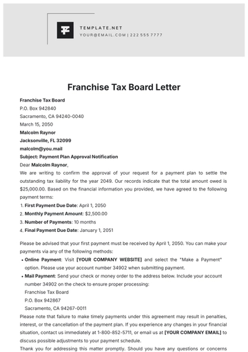 Free Franchise Tax Board Letter Template to Edit Online