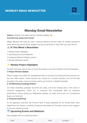 Free Monday Email Newsletter Template to Edit Online