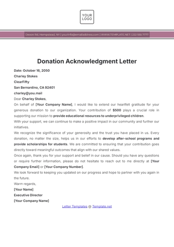 Free Donation Acknowledgment Letter Template to Edit Online