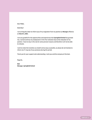Relocation Resignation Letter