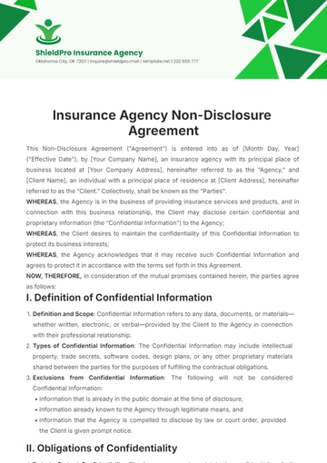 Free Insurance Agency Non-Disclosure Agreement Template to Edit Online