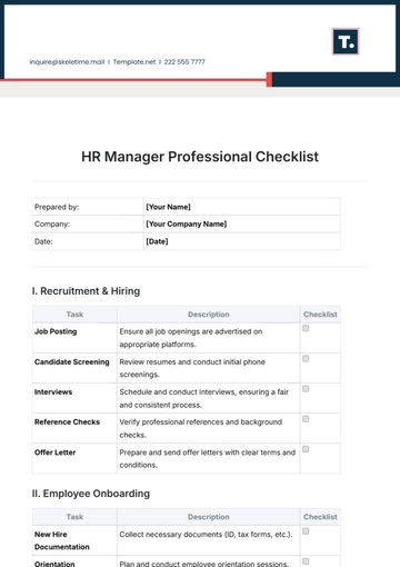Free HR Manager Professional Checklist Template to Edit Online