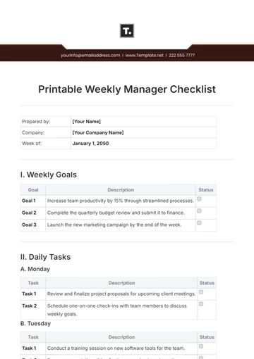 Free Printable Weekly Manager Checklist Template to Edit Online