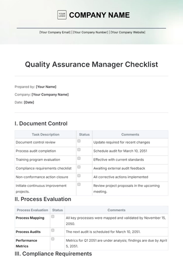 Free Quality Assurance Manager Checklist Template to Edit Online
