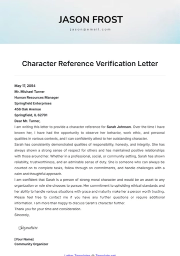Free Character Reference Verification Letter Template to Edit Online