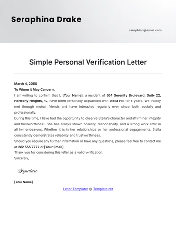 Free Simple Personal Verification Letter Template to Edit Online