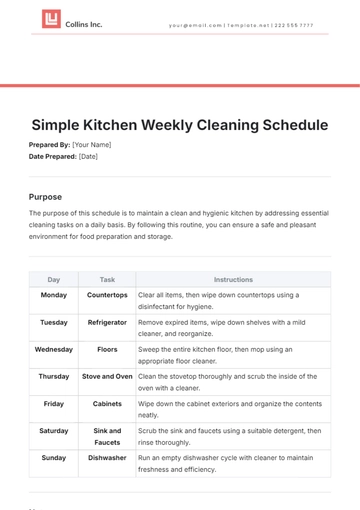 Free Simple Kitchen Weekly Cleaning Schedule Template to Edit Online