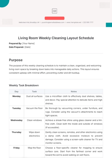 Free Living Room Weekly Cleaning Layout Schedule Template to Edit Online
