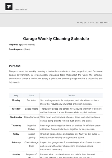 Free Garage Weekly Cleaning Schedule Template to Edit Online