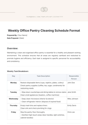 Free Weekly Office Pantry Cleaning Schedule Format Template to Edit Online