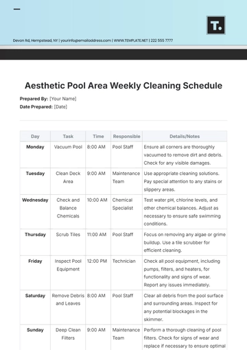 Free Aesthetic Pool Area Weekly Cleaning Schedule Template to Edit Online