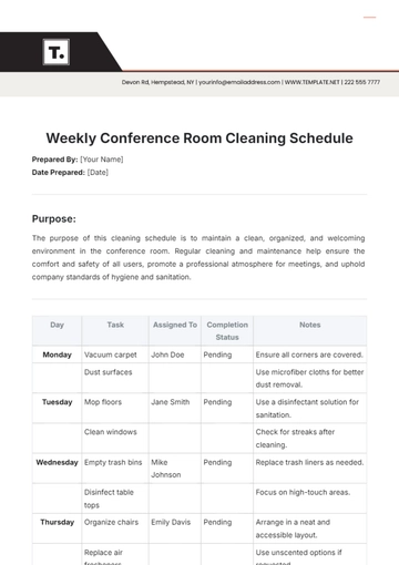 Free Weekly Conference Room Cleaning Schedule Template to Edit Online