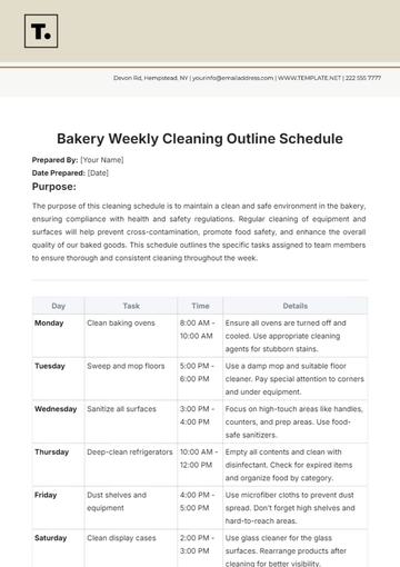 Free Bakery Weekly Cleaning Outline Schedule Template to Edit Online