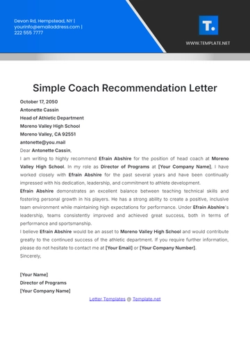 Free Simple Coach Recommendation Letter Template to Edit Online