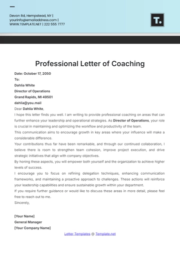 Free Professional Letter of Coaching Template to Edit Online
