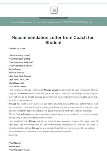 Free Recommendation Letter from Coach for Student Template to Edit Online