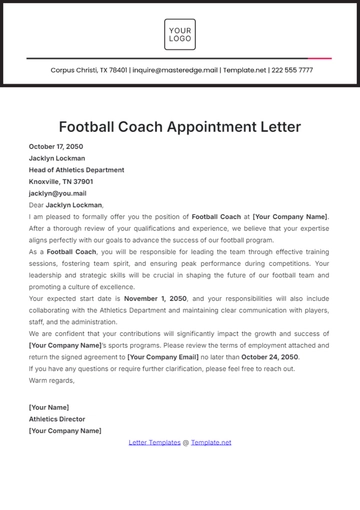 Free Football Coach Appointment Letter Template to Edit Online