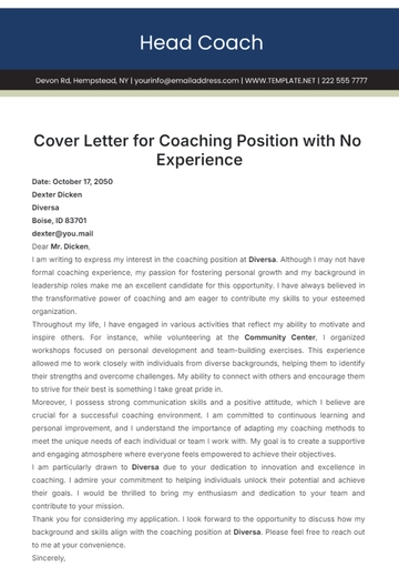 Free Cover Letter for Coaching Position with No Experience Template to Edit Online
