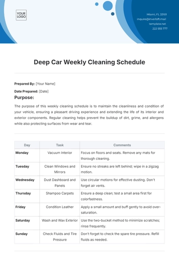 Free Deep Car Weekly Cleaning Schedule Template to Edit Online