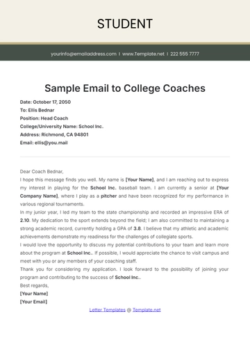 Free Sample Email to College Coaches Template to Edit Online