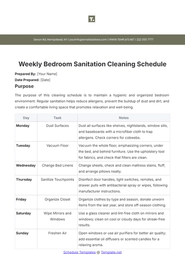 Free Weekly Bedroom Sanitation Cleaning Schedule Template to Edit Online