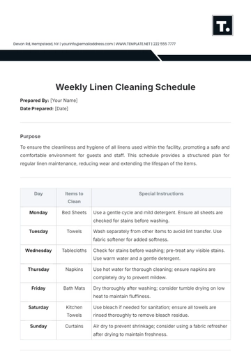 Free Weekly Linen Cleaning Schedule Template to Edit Online