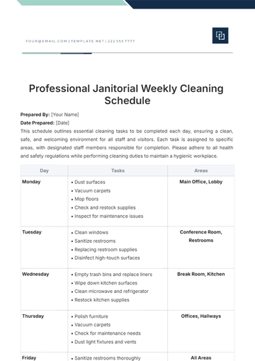 Free Professional Janitorial Weekly Cleaning Schedule Template to Edit Online