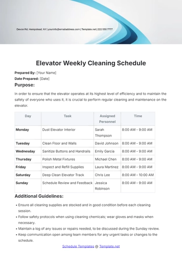 Free Elevator Weekly Cleaning Schedule Template to Edit Online