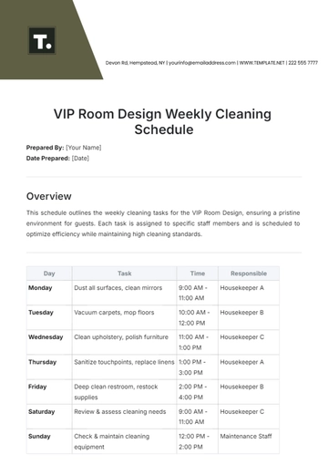 Free VIP Room Design  Weekly Cleaning Schedule Template to Edit Online