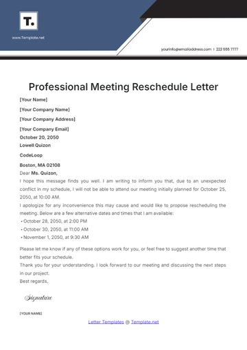 Free Professional Meeting Reschedule Letter Template to Edit Online