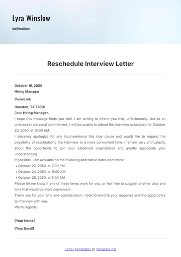 Free Reschedule Interview Letter Template to Edit Online